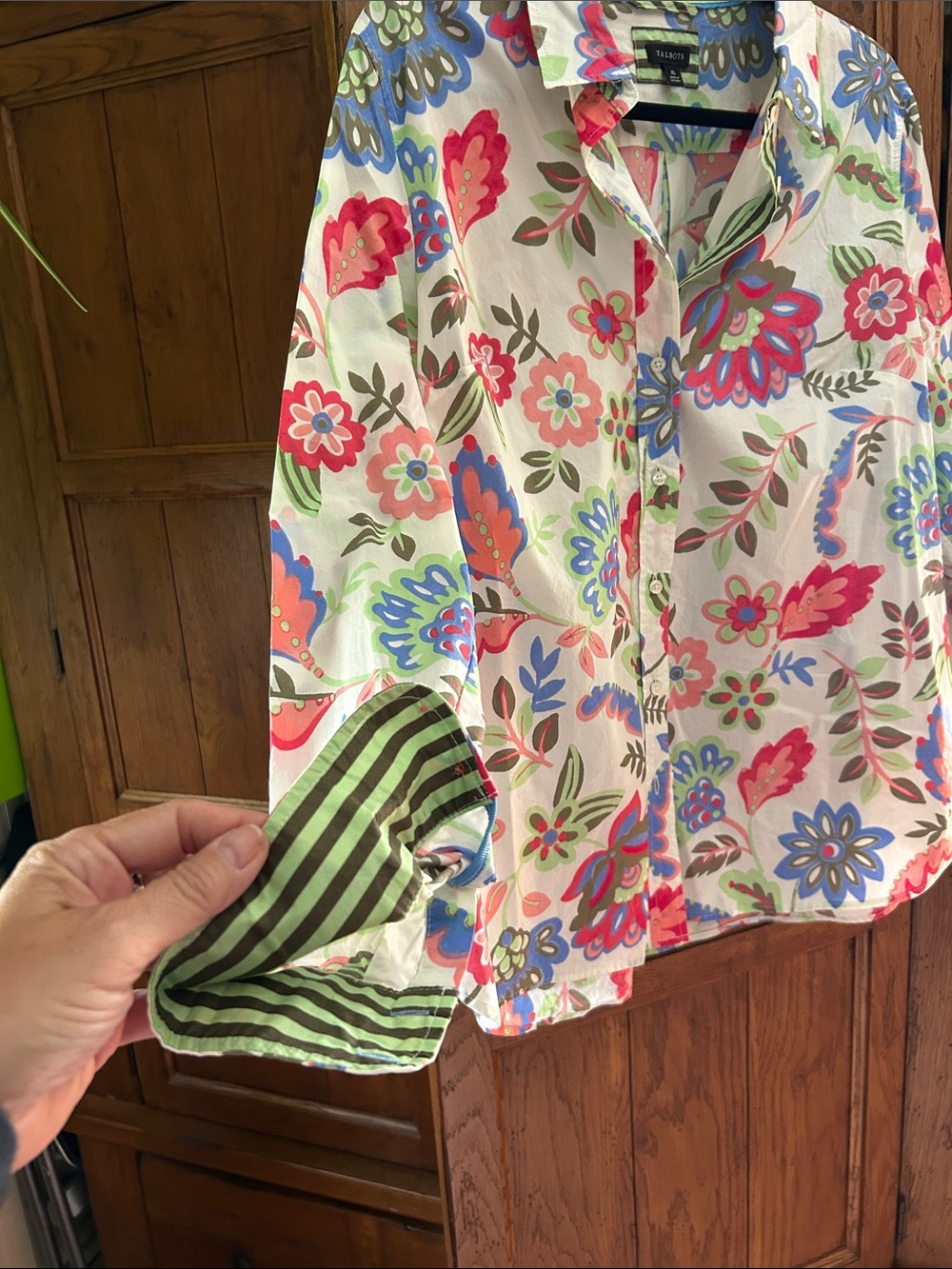 Talbots White Floral Button-Up Blouse with Pink, Blue & Green Accents - Picture 3 of 6